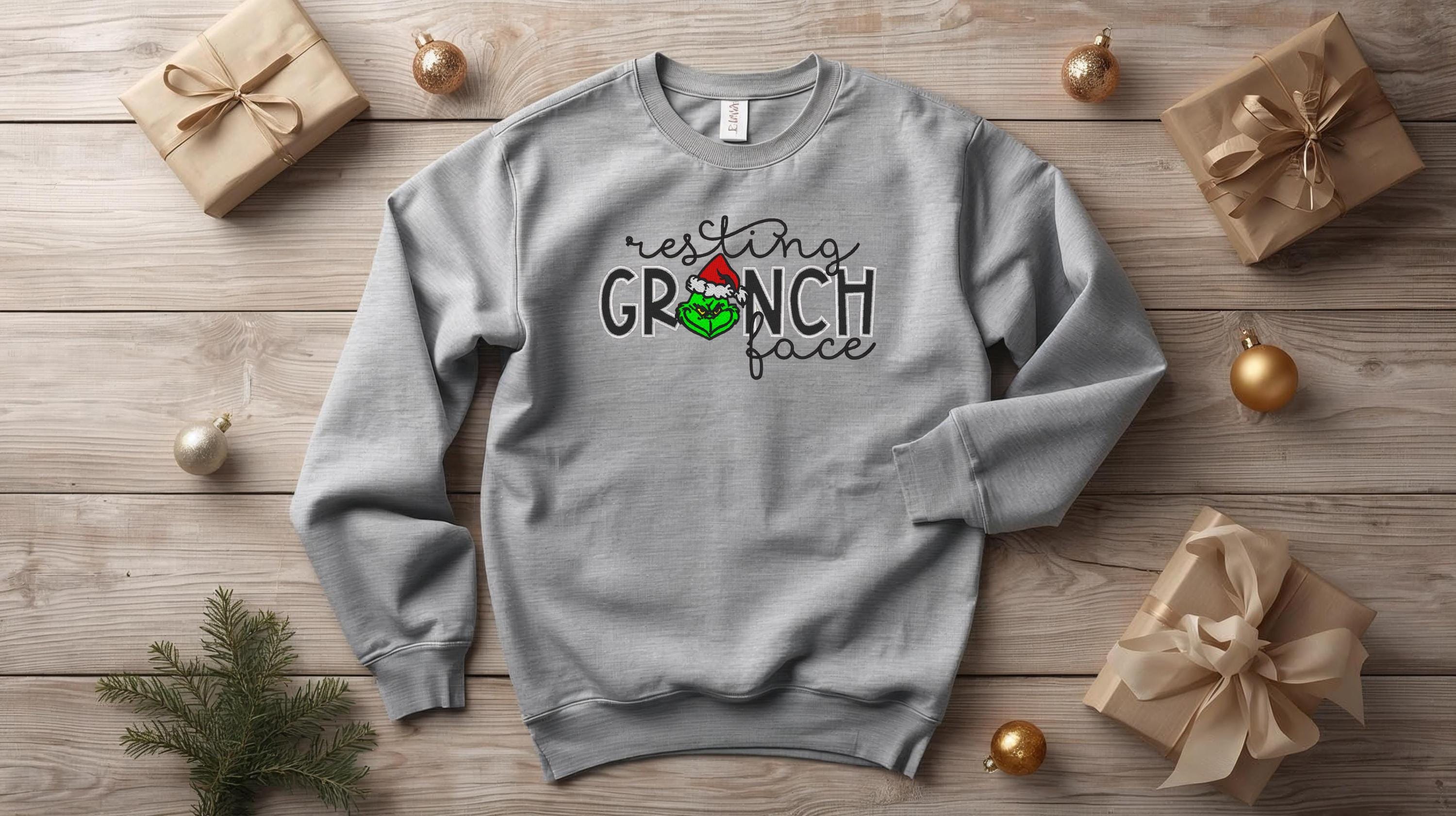 Resting Grinch Face custom embroidered crewneck sweatshirt
